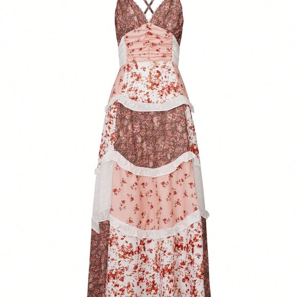Brown Boho Women's Floral Maxi Dress with Lace Patchwork and Ruffle Details - Picture 5 of 6